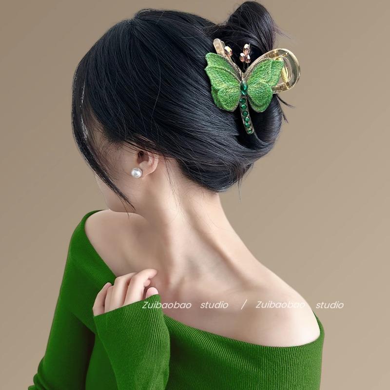 Spring Butterfly Temperament Retro Style Embroidered Butterfly Grip Clip At The Back of The Head Half Tied Shark Clip Hair Accessories Travel Hairpin