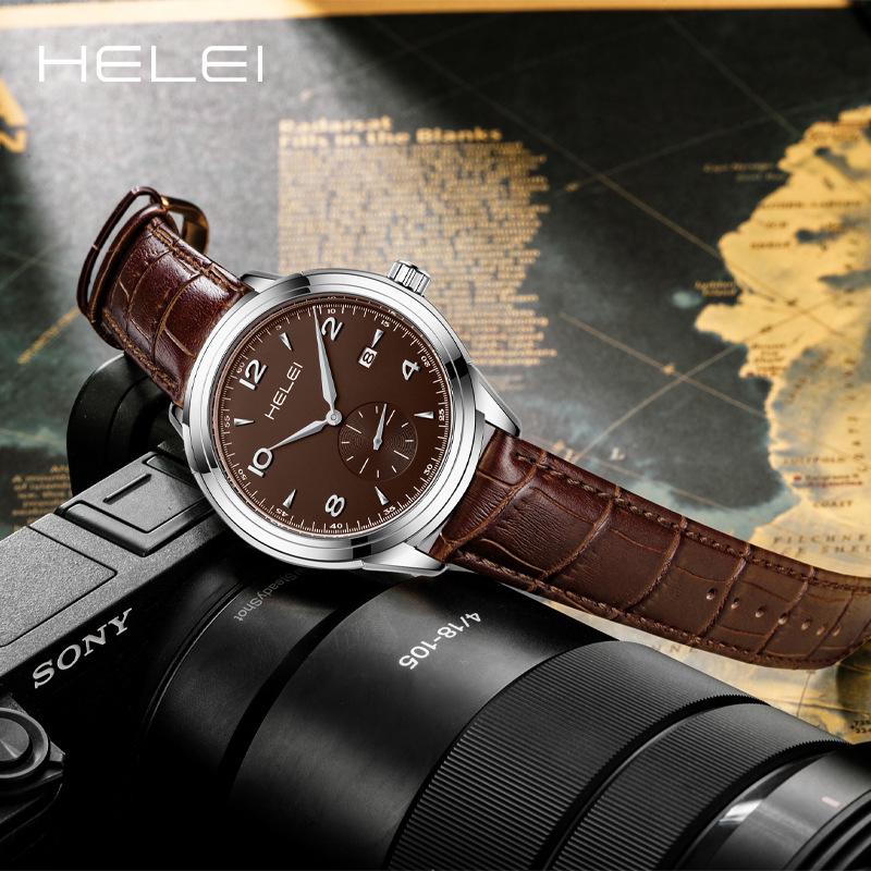 HELEI Men's Quartz Leather Watch - Waterproof, Three-Hand, Single Calendar