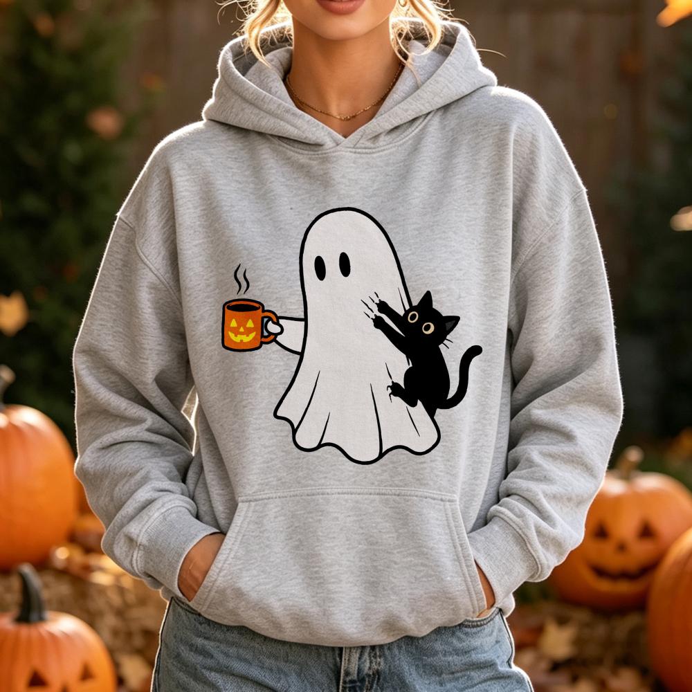 Ghost Black Cat Coffee Print Halloween Hoodie Spooky Season Graphic Pullover Women Fall Holiday Daily Wear Top Hoodies Women