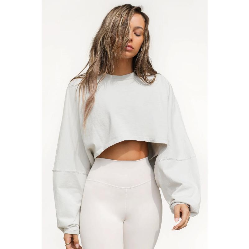 Women's Loose Cropped Solid Color Sweatshirt Casual Long Sleeve Pullover Top Streetwear Blouse