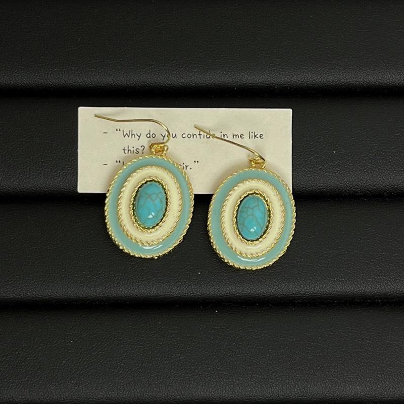 French Retro Oval Turquoise Enamel Earrings & Necklace with Natural Stone