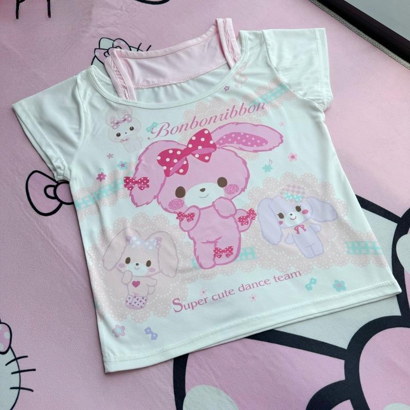 Sweet Crop Tops Tričko Lolita Dámské Y2k Estetický kreslený králík potisk Letní trička Japonská ležérní Roztomilá falešná dvoudílná trička