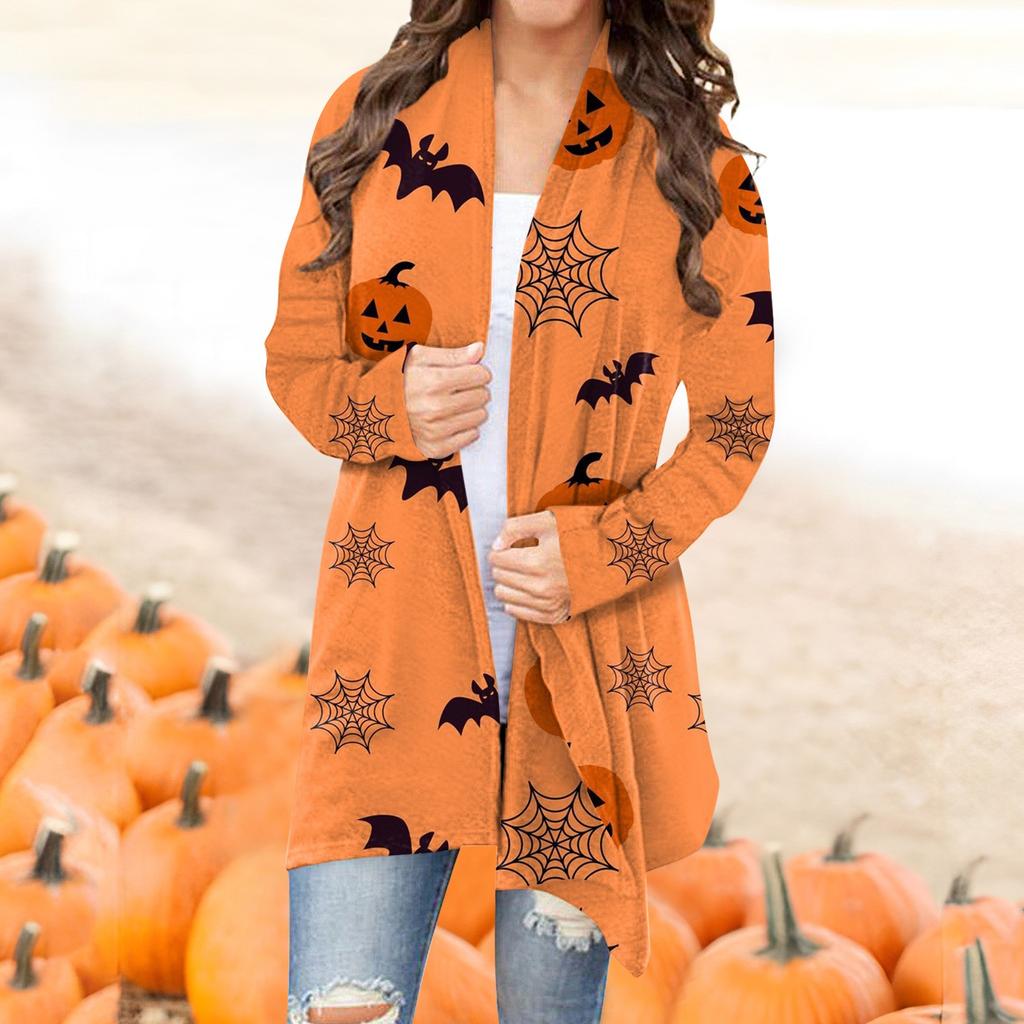 Cappotto da giacca cardigan di media lunghezza con stampa casual di Halloween alla moda da donna