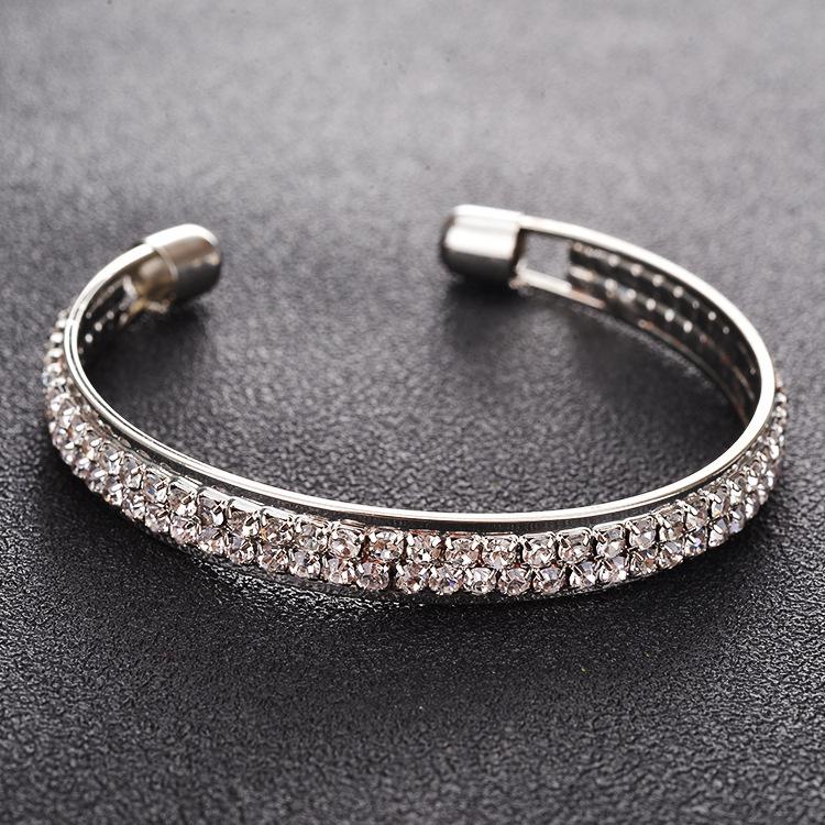 European American Fashion Rose Gold & Silver Plated 2-Row Diamond Open Bangle Bracelet for Women