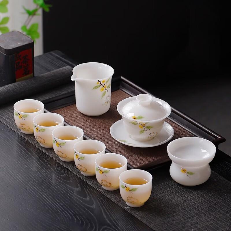 Ручная роспись Кот Белый Фарфор Саньцай Гайвань Чайный Набор