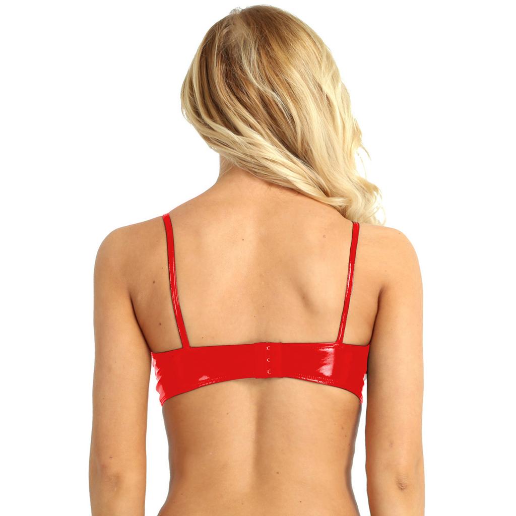 Woman's Wet Look Push Up Bra Top Unlined Wire-Free Patent Leather Bustier Bralette Clubwear