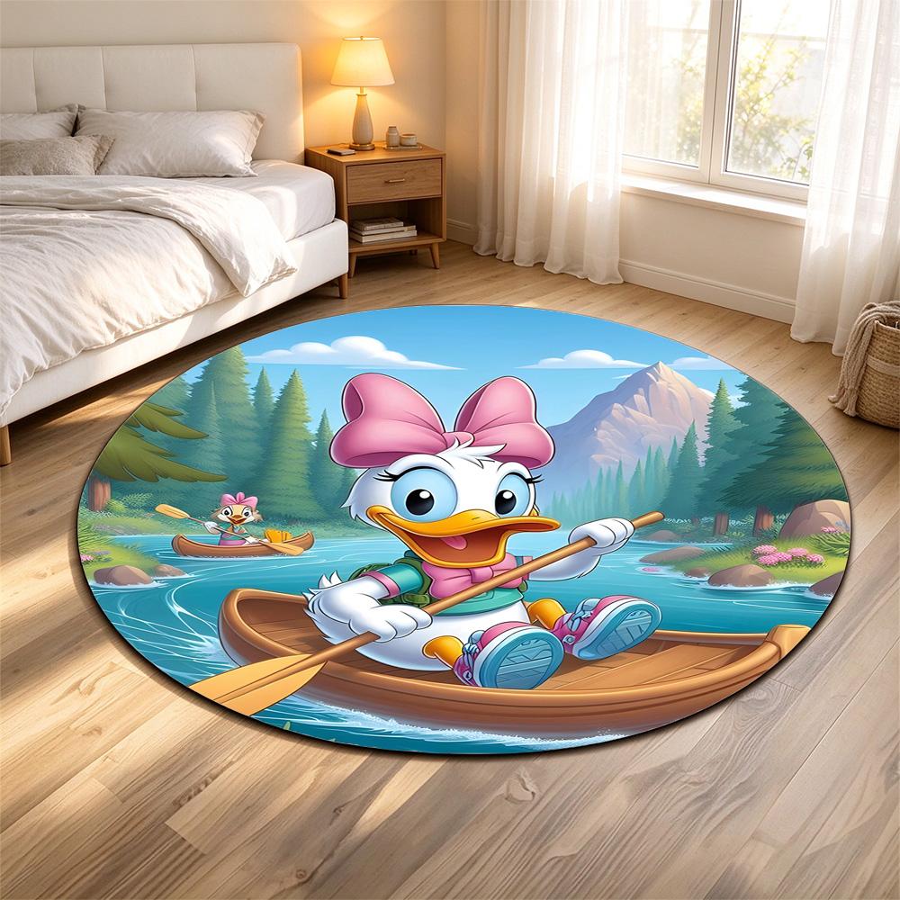 Round Rug Daisy Duck Rowing Canoe River Mountain Pine Forest Adventure Disney Cartoon Decor