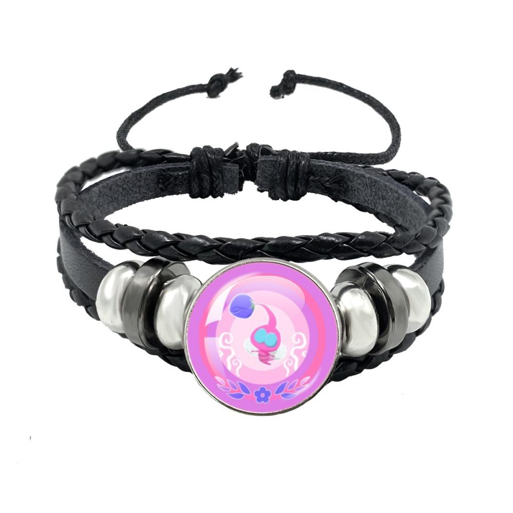 Creative Game Pikmin Cartoon Button Rope Button Glass Cabochon Handmade Black Leather Bracelet Jewelry Charm Gift