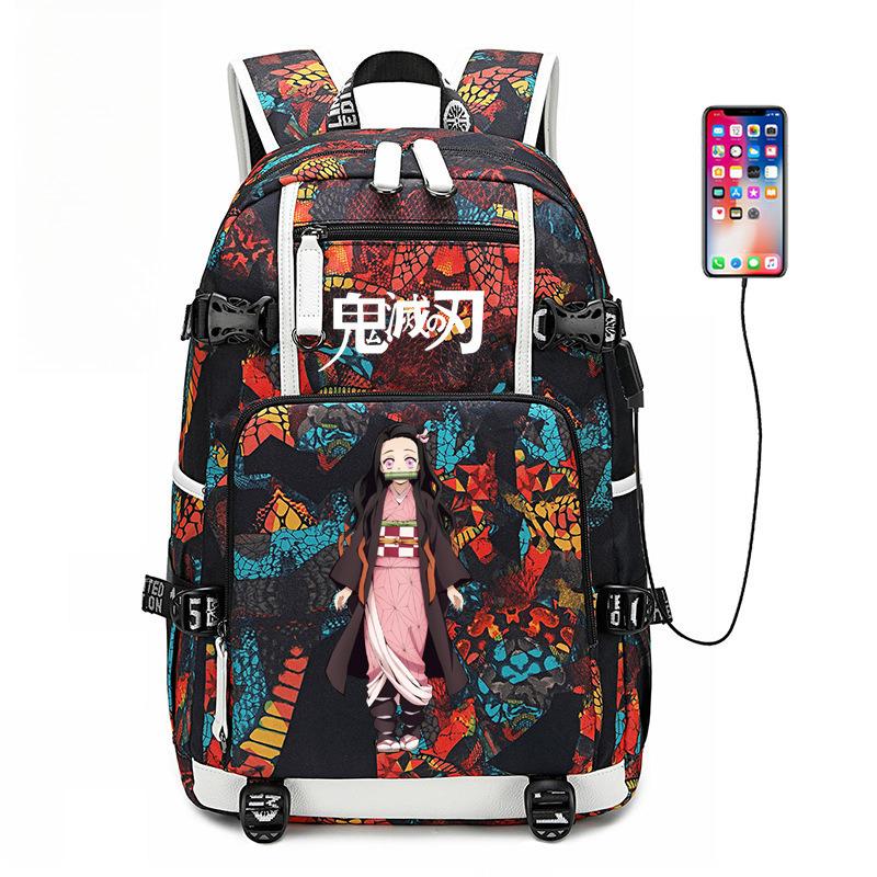 Japon dessin animé bande dessinée Demon Slayer Sac à dos élégant avec interface USB et grande capacité 0005