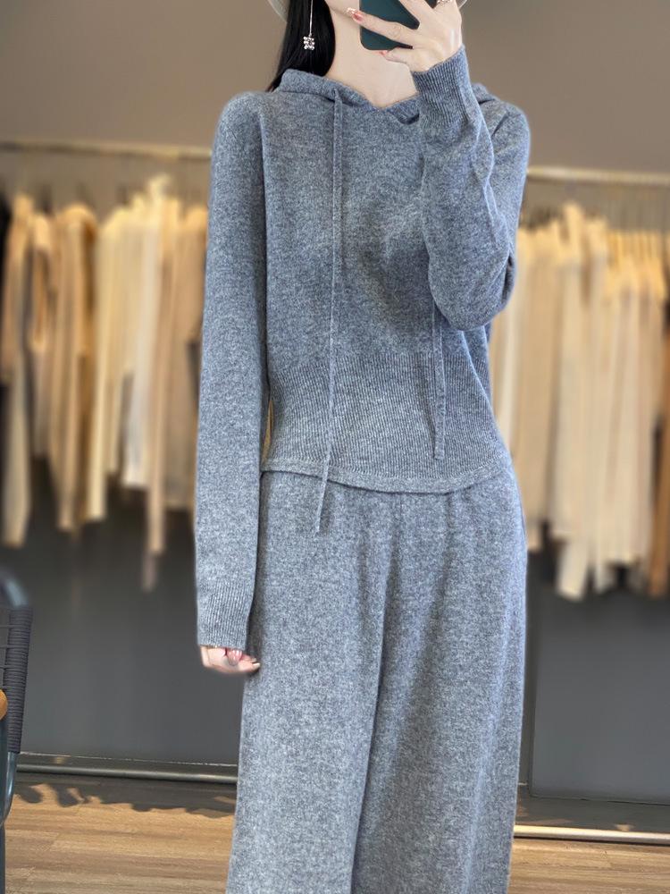 Autumn Gray Wool Slim-Fit Pants & Hooded Knit Sweatshirt Set - Korean Socialite Style