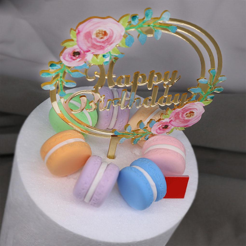 Birthday Cake Topper Acrylic Birthday Cupcake Decoration with Flower Pattern Gold Cake Topper with Letters