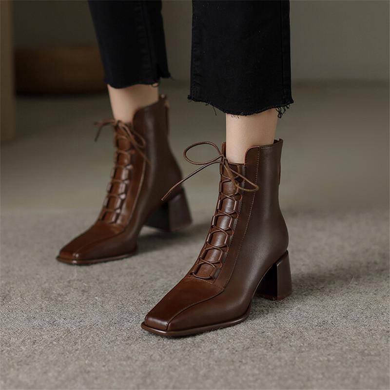 Fashion 2025 Autumn Women Boots Square Toe Back Zipper Women Shoes Chunky Heels Shoes for Women High Heel Boots Vintage Leather Shoes