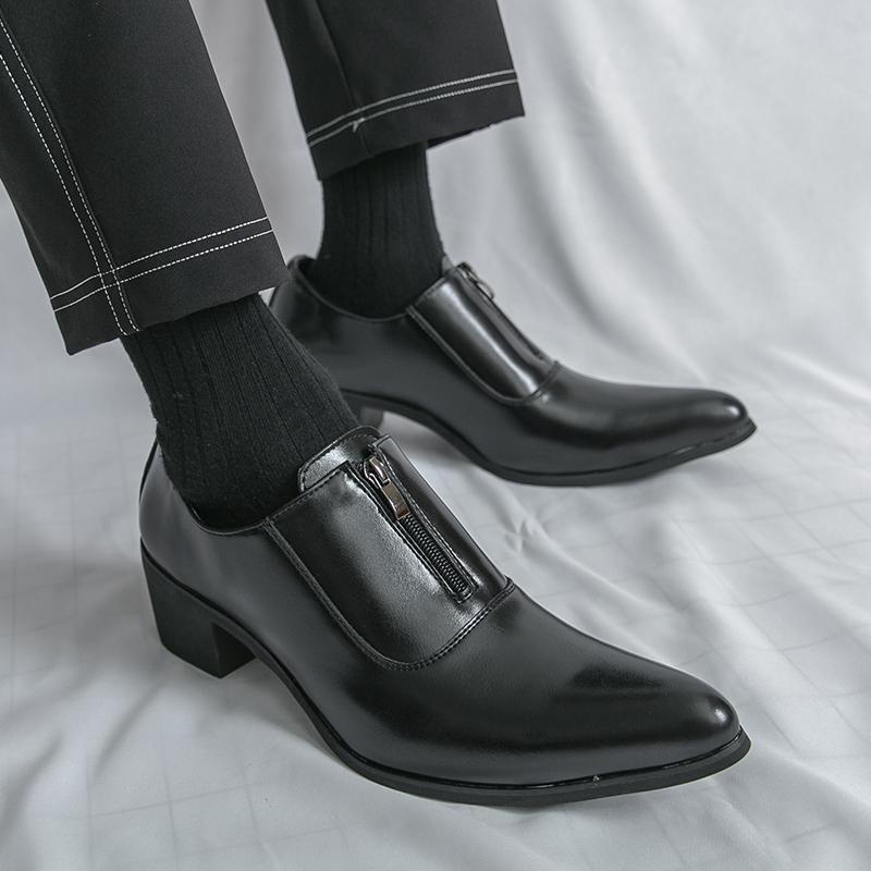 Men Loafers Leather Individuality Formal Business Zipper Shoes Pointed Toe Heel Wedding Dress Prom Shoes Over Sized