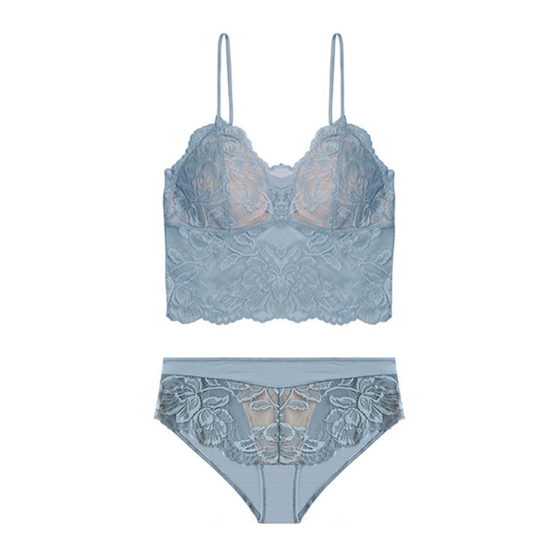 Lace Wire-Free Triangle Cup Bra & Panty Set with Strappy Design and Chest Pads for Small Busts