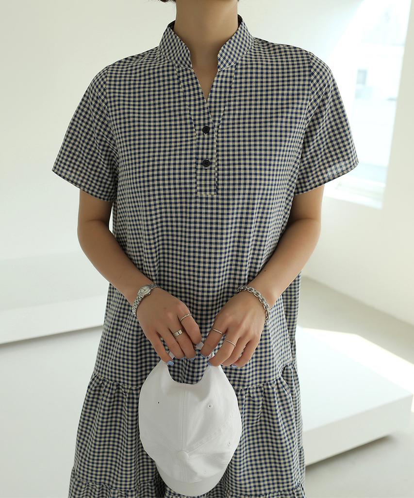 Ppaeppae Waffle Half-Open Check Long Dress