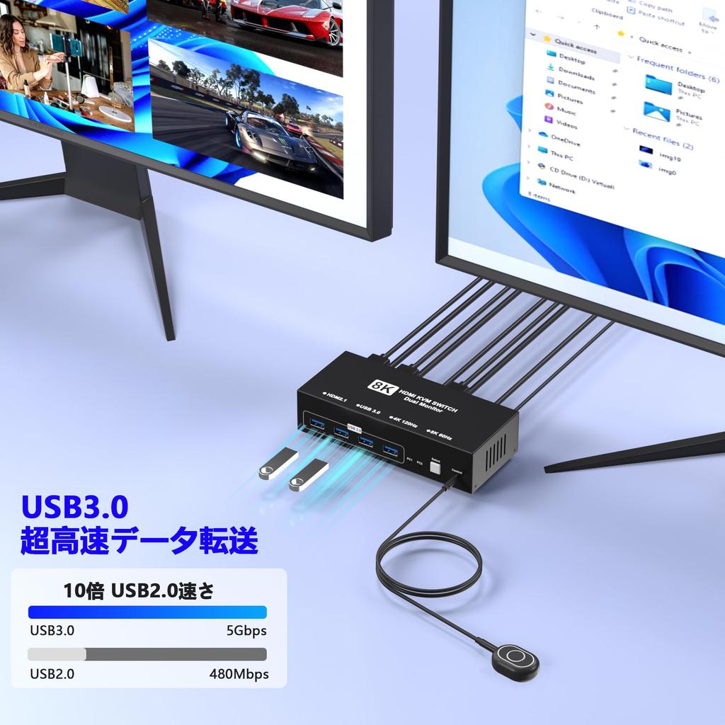 8K@60Hz HDMI KVM-Switch, 2 Eingänge/2 Ausgänge, HDMI KVM-Umschalter, schaltet zwischen 2 PCs und 2 Monitoren um, 4 USB 3.0-Anschlüsse, unterstützt Tastatur/Maus/Drucker