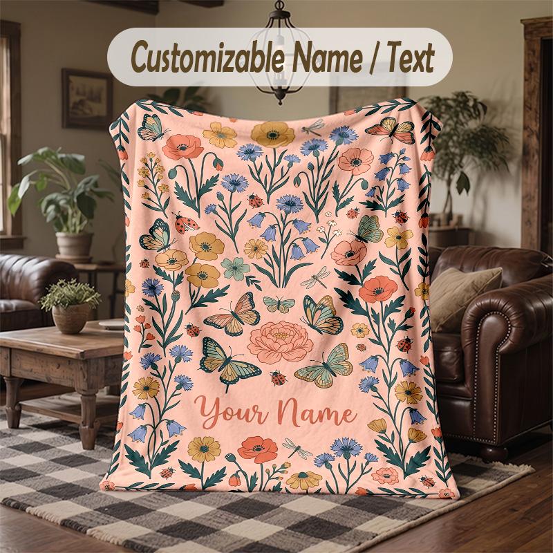 Floral Garden Butterflies Theme Throw Blanket Custom Name Text Personalized Blanket Soft Cozy Blanket for Home Sofa Bed