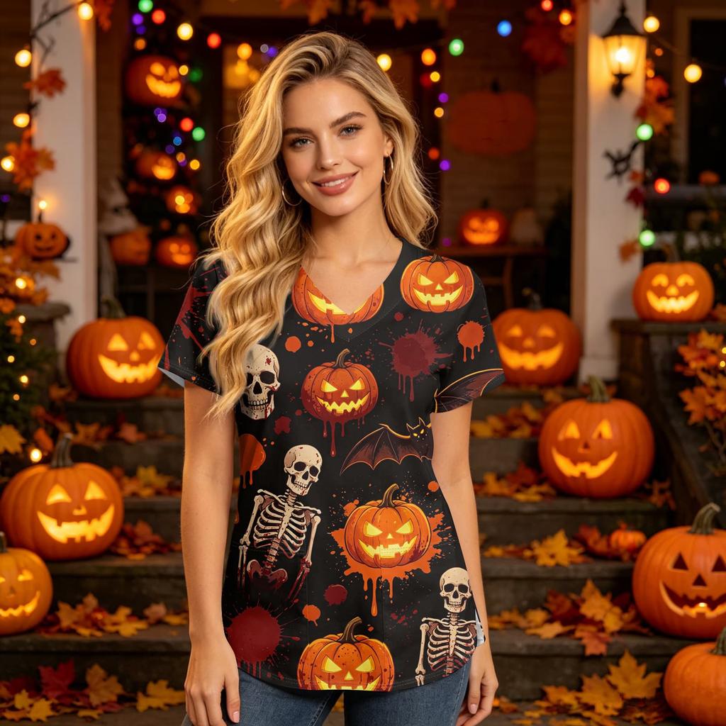 Women's V Neck Short Sleeve Work Top with Pockets Halloween Print Medical Uniform for Caregivers and Healthcare Professionals
