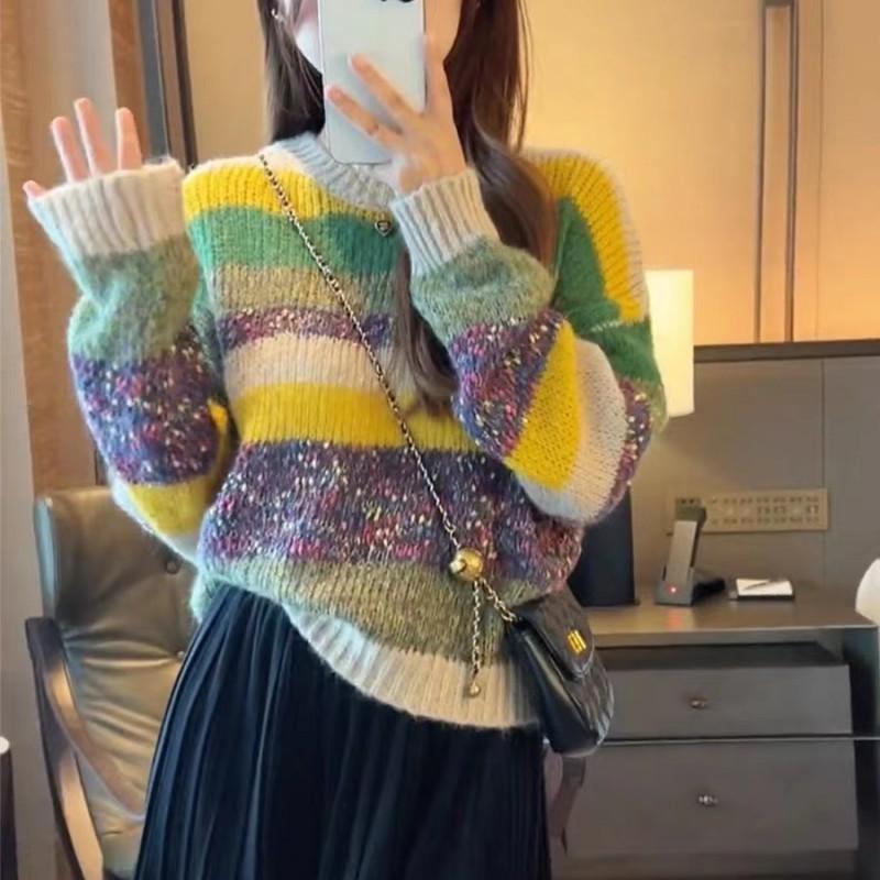 

New color matching top autumn and winter loose round neck knitted bottoming shirt rainbow strip pullover sweater women One size