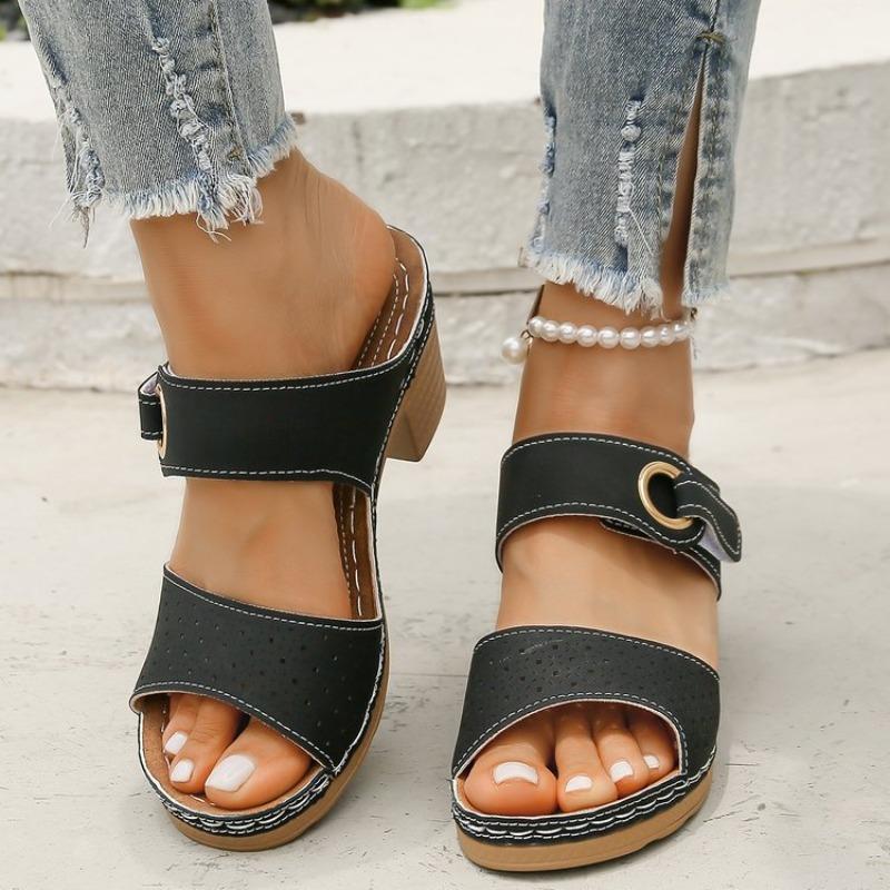 

Spring and summer new large size high heel slippers women s thick heel fish mouth word Velcro cool slippers 43 чёрный