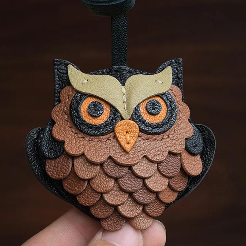Genuine Leather Handmade Owl Bag Charm Pendant,Sheepskin Keyring Hanging Ornament,Backpack Handbag Schoolbag Purse Decoration