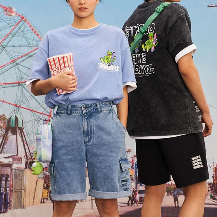 Li Ning X Disney Muppets Collection Logo Print Washed Denim Shorts Men Shorts Blue AJSR007-1