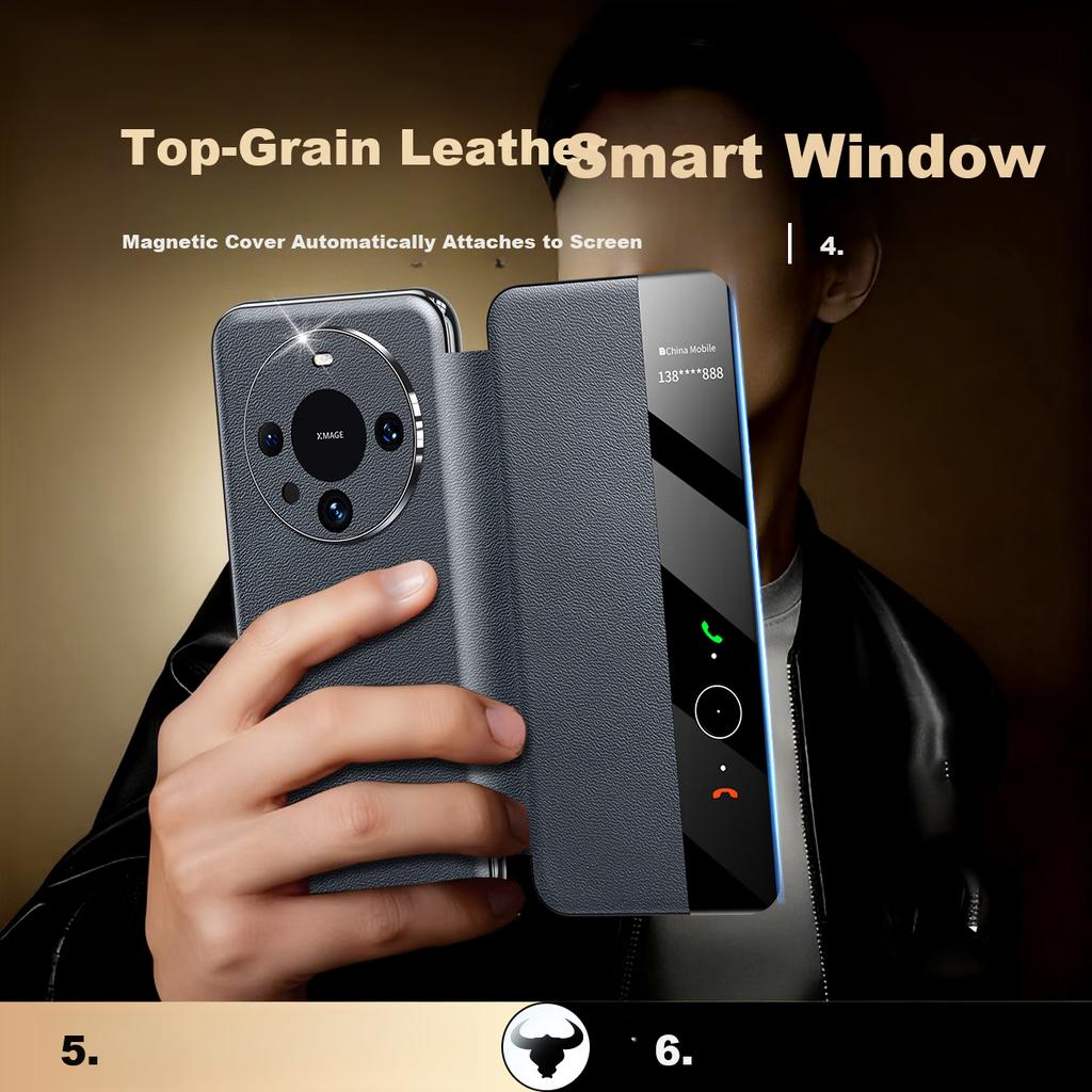 TWICEVERSE Genuine Leather Flip Smart Window Sleep Wake Case for Huawei Mate60 Pro+ Mate60Pro, Business Protective Cover