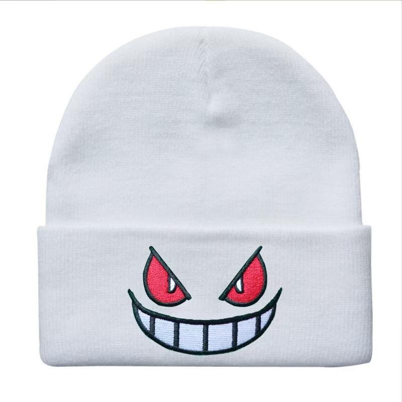 Devil smiley face label wool hat women's autumn and winter warm trend versatile ear protector black knitted hat