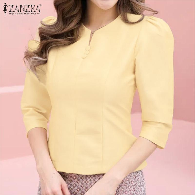 ZANZEA Women Casual Round Neck Solid Color Summer 3/4 Sleeve Blouse
