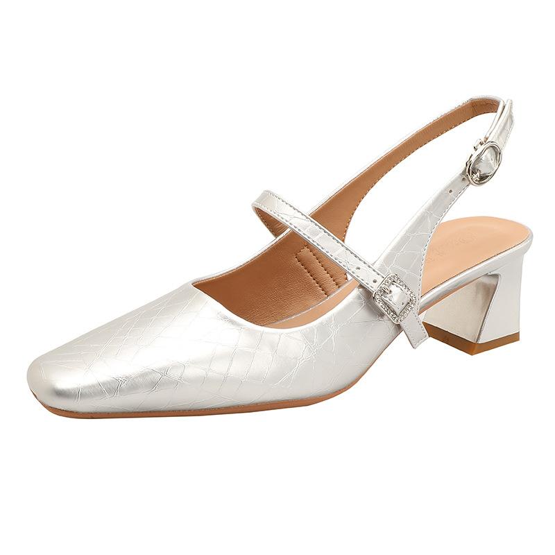 French Mary Jane Shoes High Heels Bag Head Sandals Women's Thick Heels Empty Shoes Summer Silver One-word Buckle with High Heels