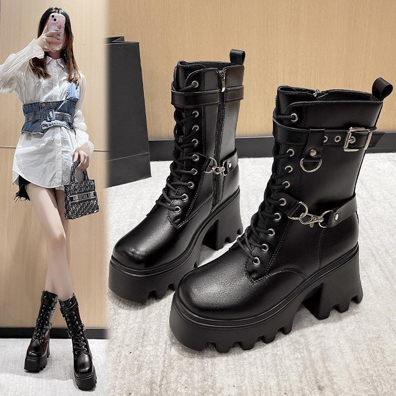 Fried Street Black Punk Martin Boots Autumn and Winter Thick Bottom Slope Heel British Style Medium Tube Martin Boots Universal cos
