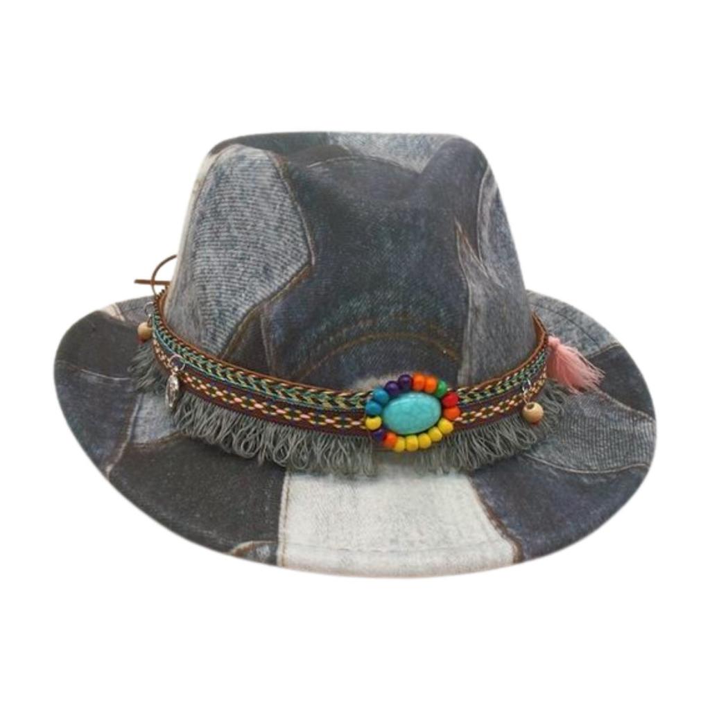 Premium Jazz Hat Vacation Ethnic Style Top Hat Children'S Accessories Retro Western Denim Splicing Top Hat