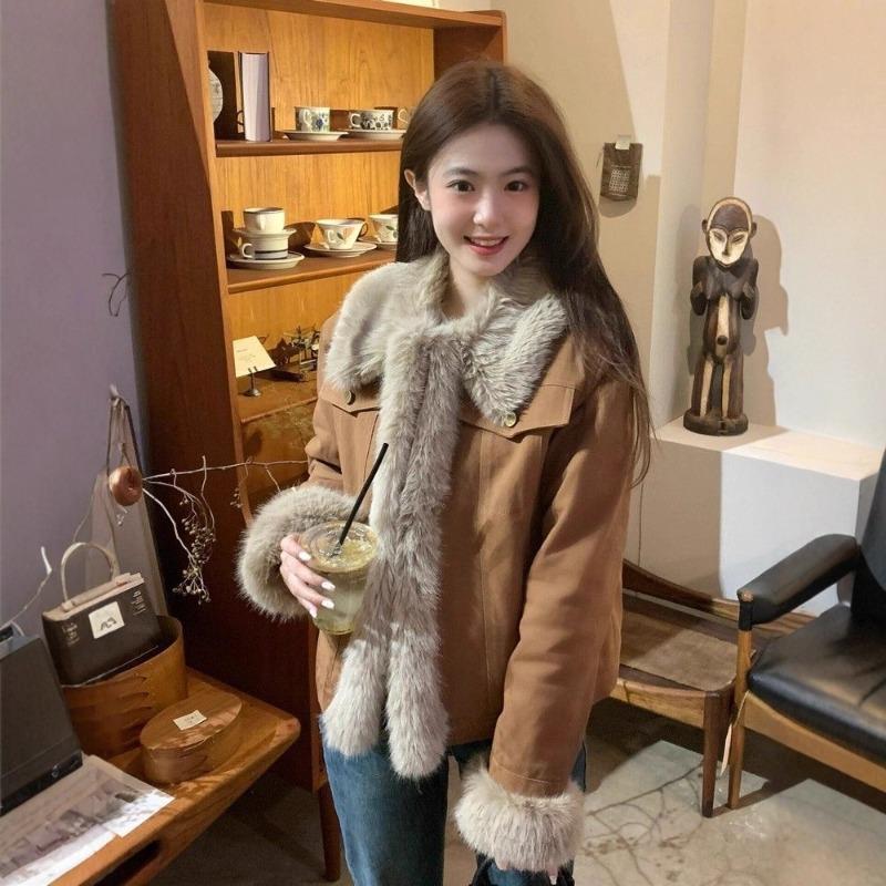 Maillard retro plush jacket women's winter fashion new thickened denim splicing cotton-padded clothes