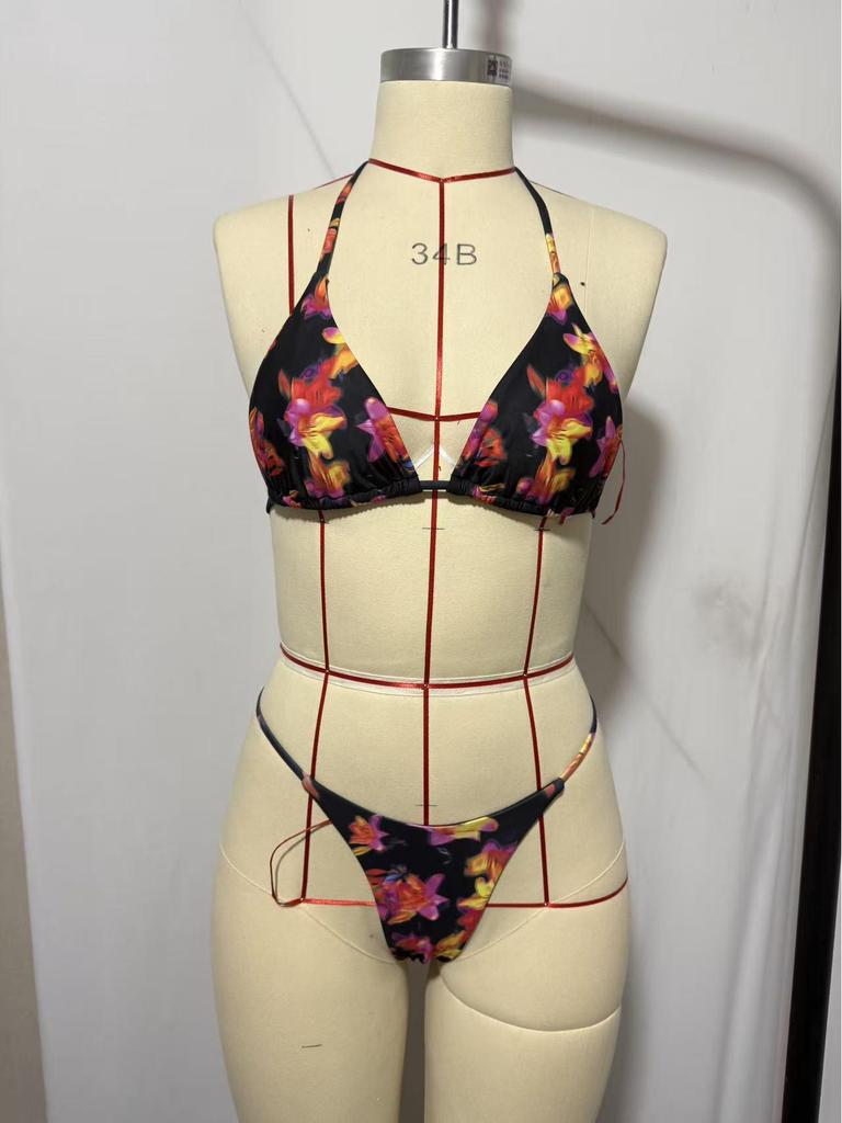 European & American Triangle Tie-Up Print Bikini Swimsuit for Women