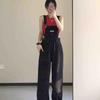 Damen Schwarz Denim High Waist Weites Bein Jumpsuit - Frühling/Herbst Altersmindernd Bodenlang Overalls