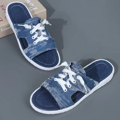 Fashion Women Canvas Sandals Breathable Summer Slippers Lace Up Open Toe Ladies Faux Denim Flat Shoes Zapatos Mujer