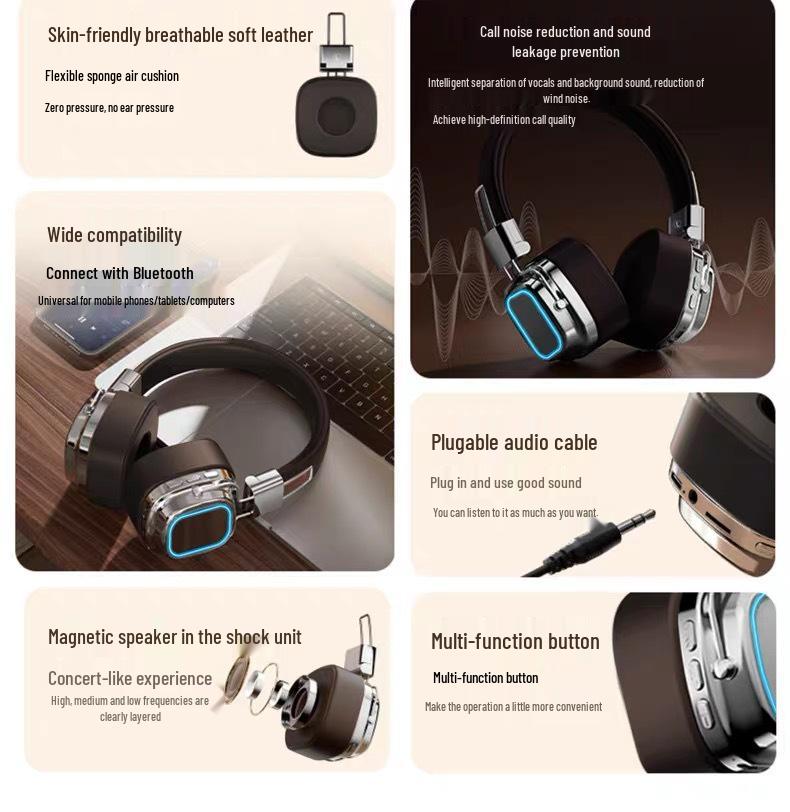 Retro Wireless Bluetooth Headband Earphones with Mini Card Slot, Heavy Bass, Noise Cancelling, and Gaming Support.