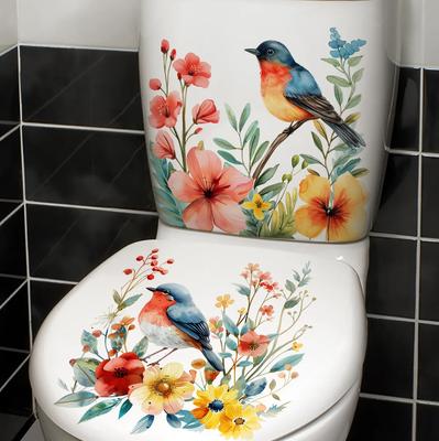 2PCS DIY Bathroom Sticker Bird Flower Design for Bathroom Water Tank Decoration Toilet Sticker Detachable Waterproof