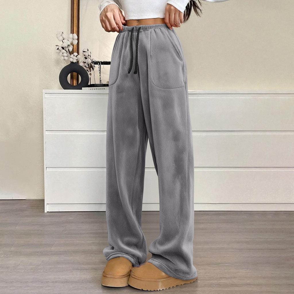Pantalon de pyjama pour femme en peluche, pantalon de nuit doux, taille élastique, pantalon de couleur unie avec 2 poches