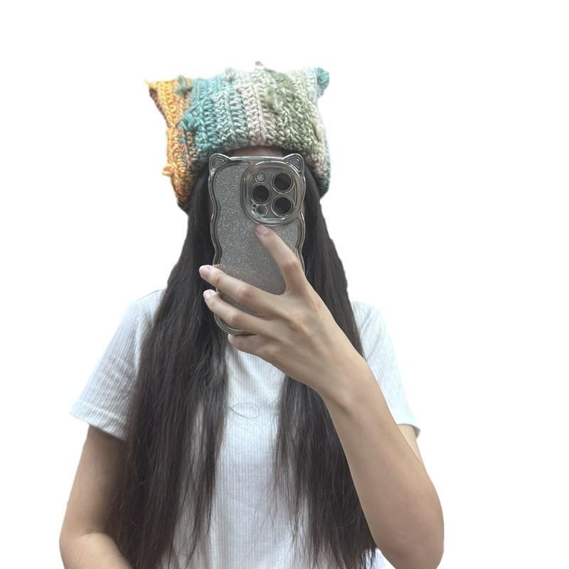 Cute color contrasting tassel wool hat women autumn and winter warm sweet ears handmade knitted hat Internet celebrity cold hat