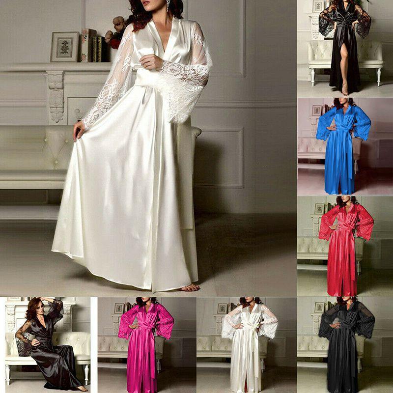 Elegante Camicia da Notte da Donna in Raso di Seta con Pizzo Lingerie Kimono Abbigliamento da Notte Lunga Vestaglia