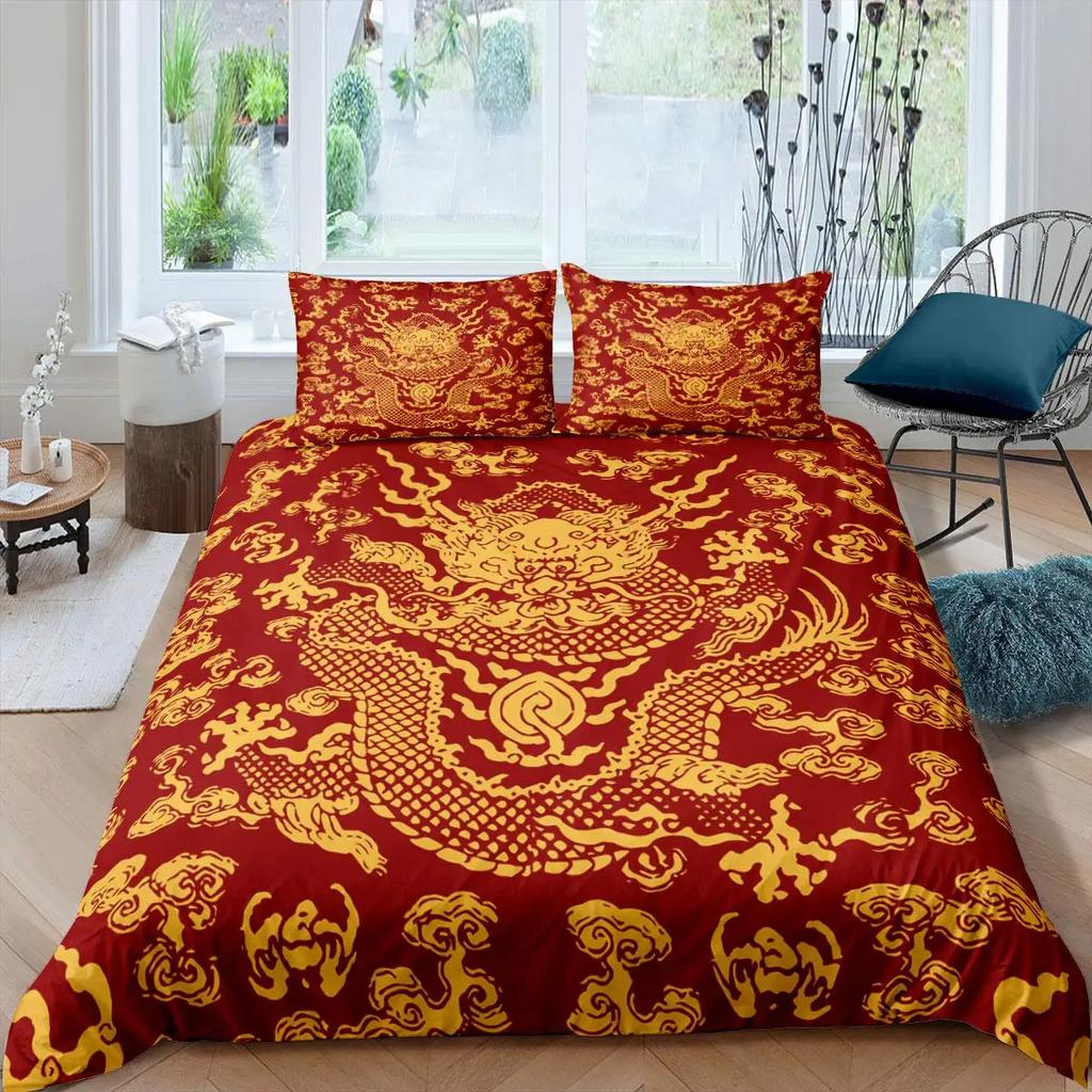 Red Base Black Dragon Print Duvet Cover Set Chinese Dragon Pattern Bedding Sets Full Size Microfiber 2/3 Pieces Comforter Sets