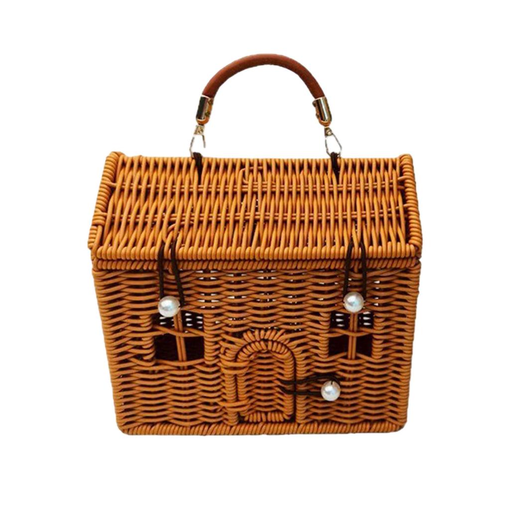 This Plastic Rattan House-shaped Basket, With A Lid And Folding Handle, Is Perfect For Picnics, Easter, Tidying Up, And Other Occasions.