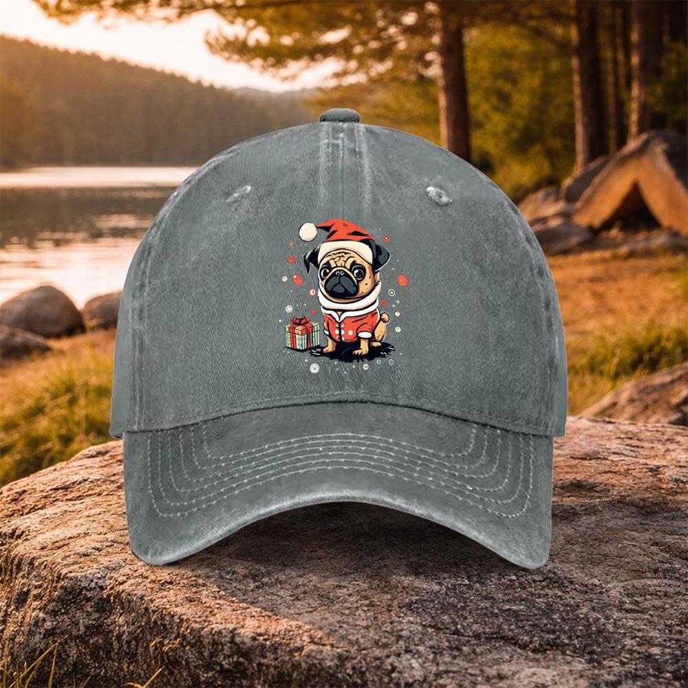 Pug Print Washed Baseball Cap for Unisex Women Casual Christmas Golf Hat Outdoor Daily Commute Unisex Cap