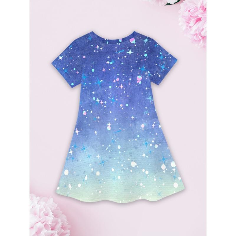 Casual Short-Sleeve Dress for Girls Featuring a 3D Unicorn Print, Perfect for Summer with Cute Cartoon Designs for Toddlers.