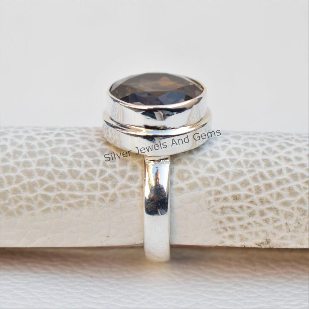 Handmade Round Smoky Quartz Ring: 925 Sterling Silver, Capricorn Birthstone
