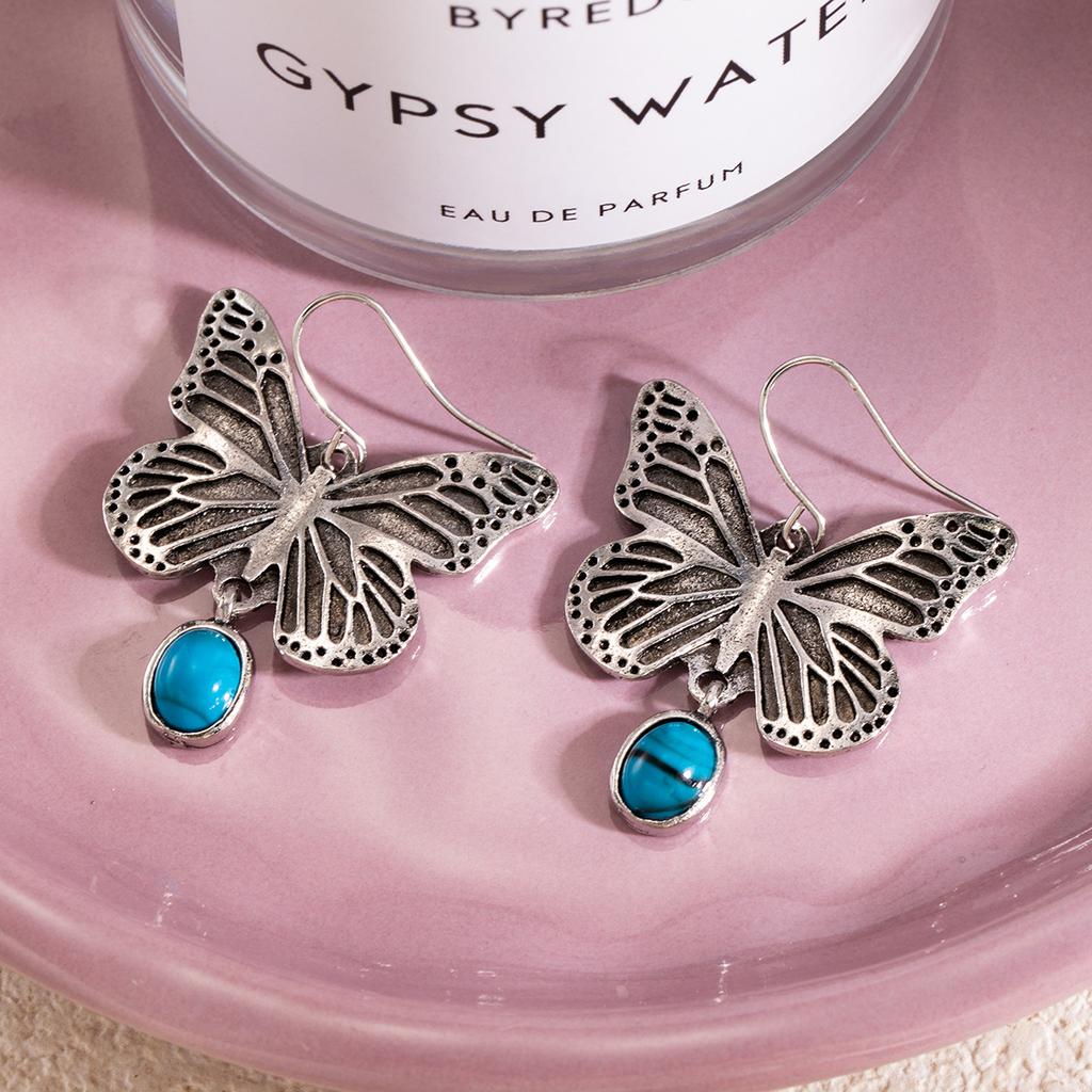 Retro Butterfly Blue Round Bead Ear Hook Female, National Style, Hong Kong Style, Personality Trend Temperament, Simple Earrings