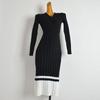 French Sexy V Neck Cross Long Sleeves Knitting Dress Sweater Women's Waist-Tight Slim Looking Sheath Mid-Length One-Step Skirt