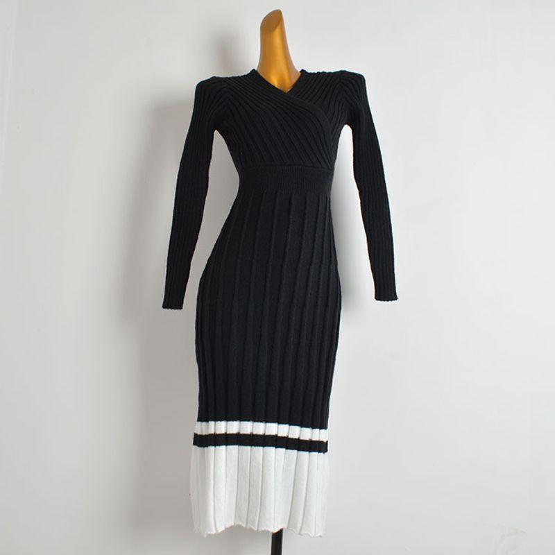 

French Sexy V Neck Cross Long Sleeves Knitting Dress Sweater Women s Waist-Tight Slim Looking Sheath Mid-Length One-Step Skirt Black Stripes M