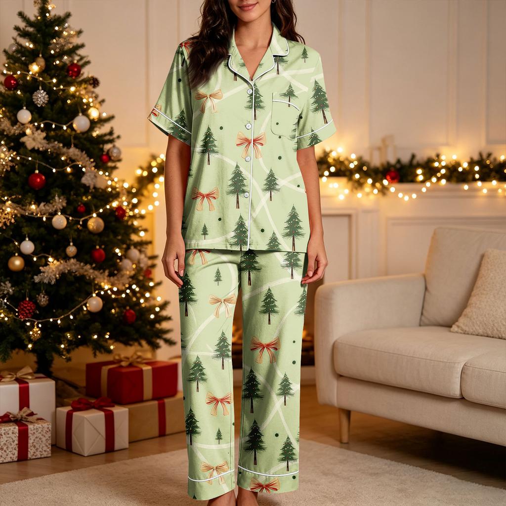 Women's Christmas Print Pajama Set with Short Sleeve Shirt and Pants - Sleepwear Outfit